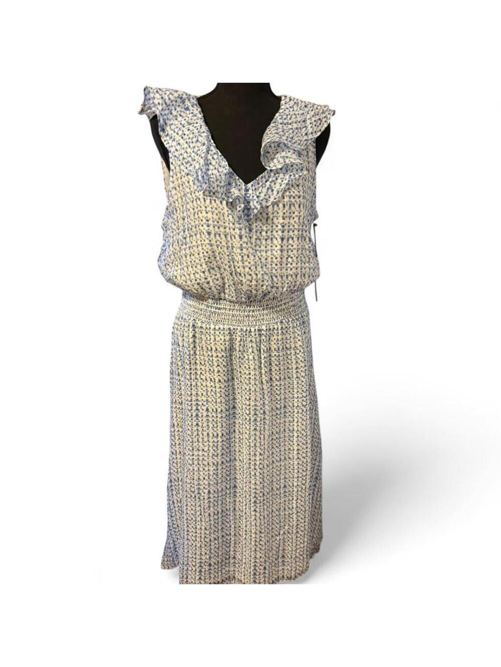 Vince Camuto blue and white dress with ruffle collar Size L NWT - Picture 2 of 7